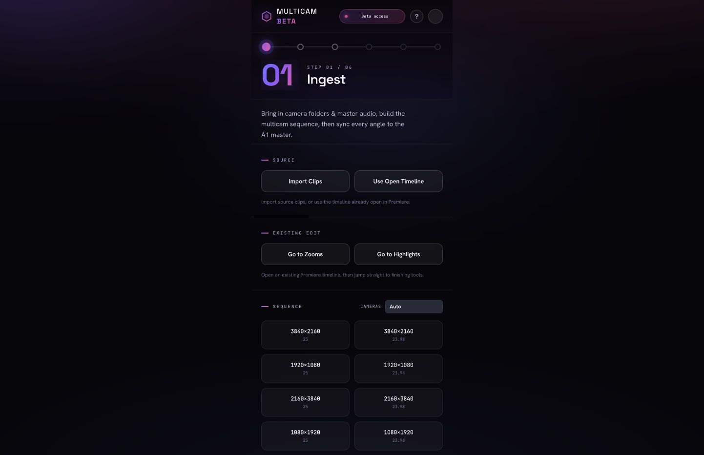 Current MultiCam beta 2.7.5 Ingest screen