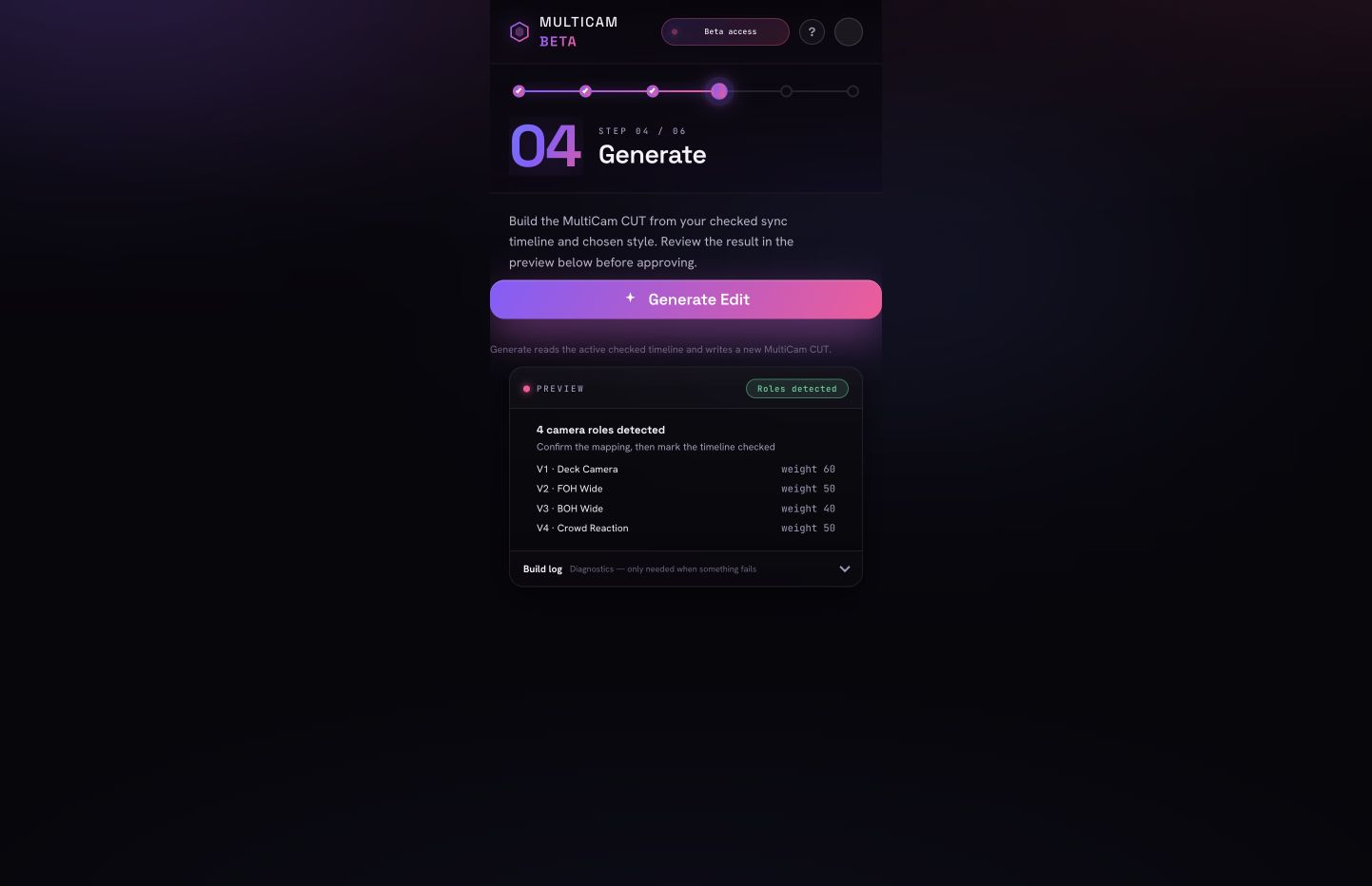 Current MultiCam beta 2.7.5 Generate screen