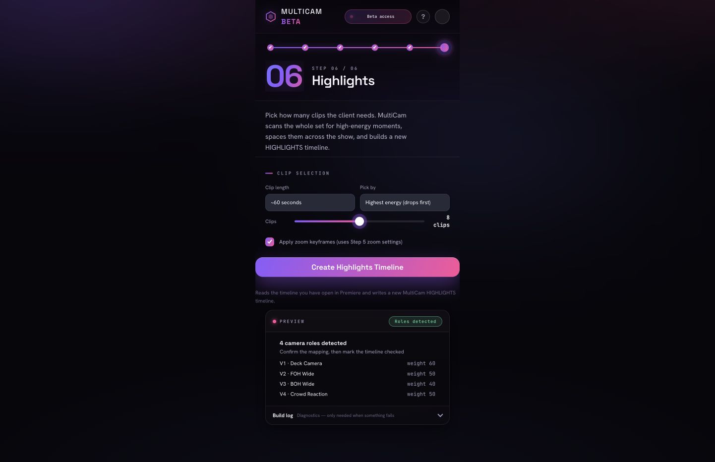 Current MultiCam beta 2.7.5 Highlights screen